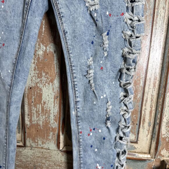 Pink Label Denim Co Jeans Size 7 Distressed Splatter Paint Stretch Skinny EUC - Picture 1 of 6
